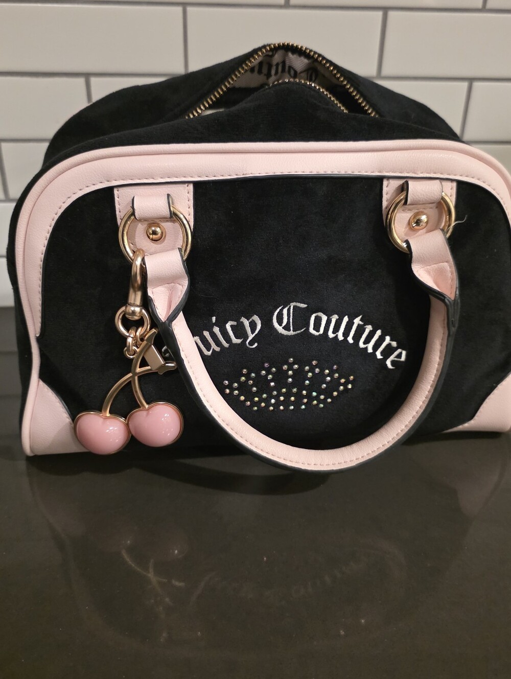 Juicy Couture Black & Light Pink Suede Dome Satchel with Cherry Charm